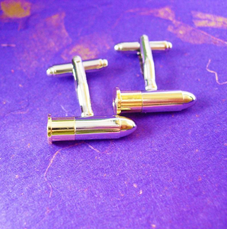 Bullet Cufflinks VAMPIRE Verses WEREWOLF Silver Tipped Vintage Gold NRA Ammo Men's Novelty Cuff Accessory