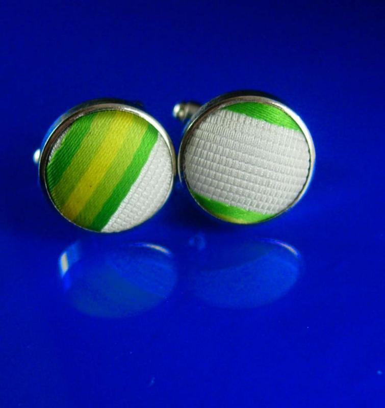 Vintage green Textile Cufflinks Striped Wedding Formal Wear Cuff Jewelry hipster geek jewelry silver cuff links fashion designer gift