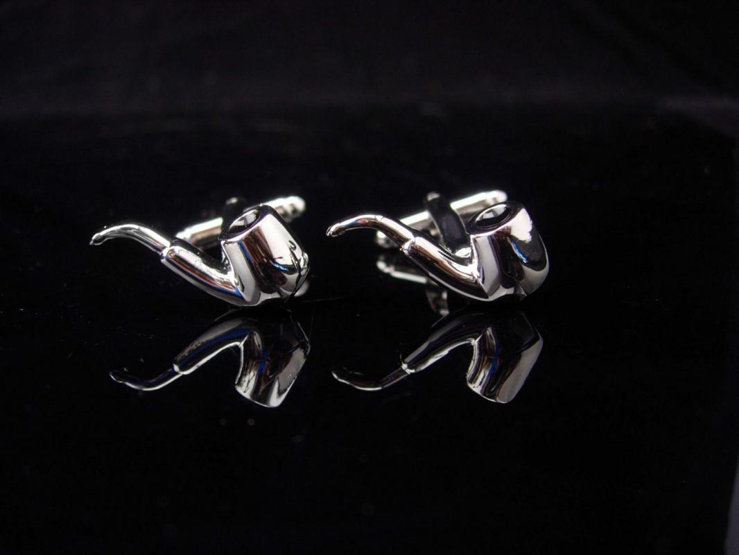 Sherlock holmes pipe / silver cufflinks / Vintage Mens smoking tobacco novelty pipe / Steampunk victorian revival pipe smoker gift