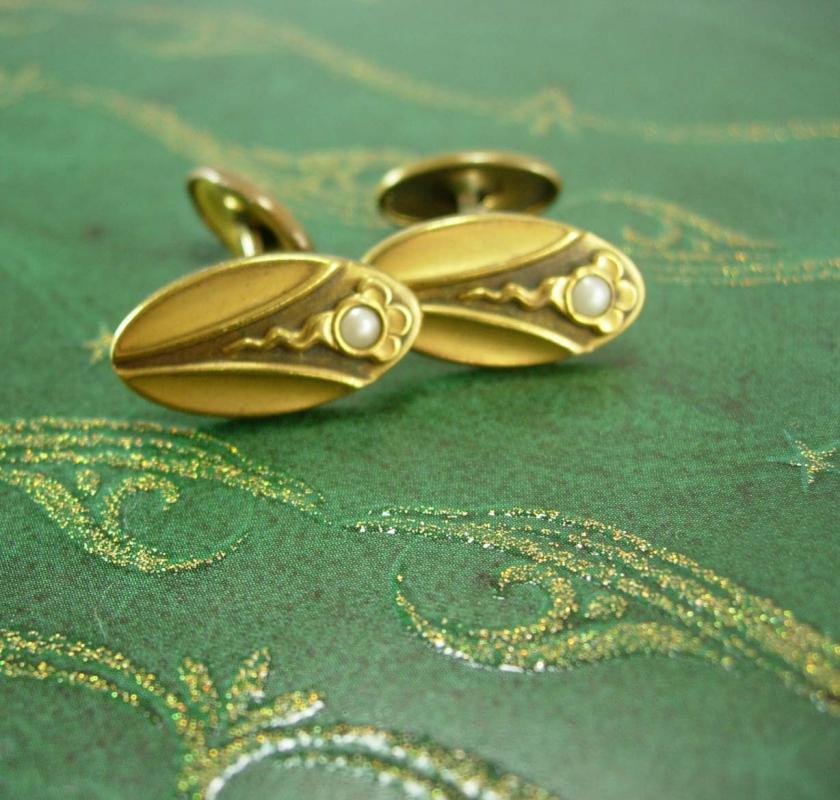 Antique pearl cufflinks Art nouveau cufflinks flower & snake gold victorian groom cufflinks wedding estate jewelry