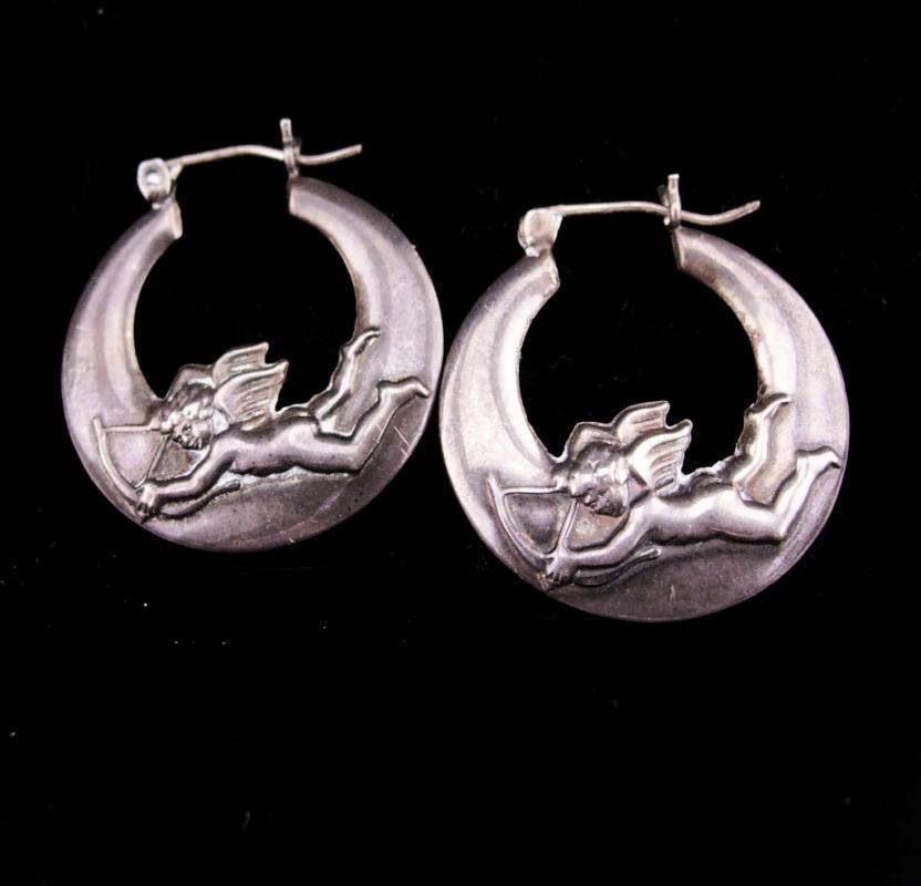 Vintage cupid earrings / sterling mystical hoops / bow & arrow/ sweetheart jewelry / moon stars / valentines gift / birthday for her