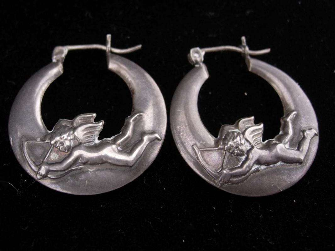 Vintage cupid earrings / sterling mystical hoops / bow & arrow/ sweetheart jewelry / moon stars / valentines gift / birthday for her