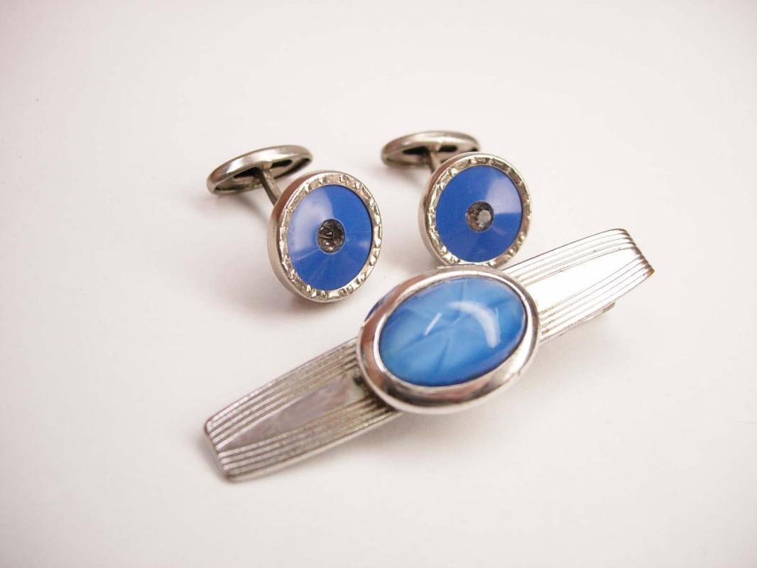 Anson Vintage art deco Paste Cufflinks Bonus star Sapphire Periwinkle Blue Tie Clip Wedding Business Tie bar