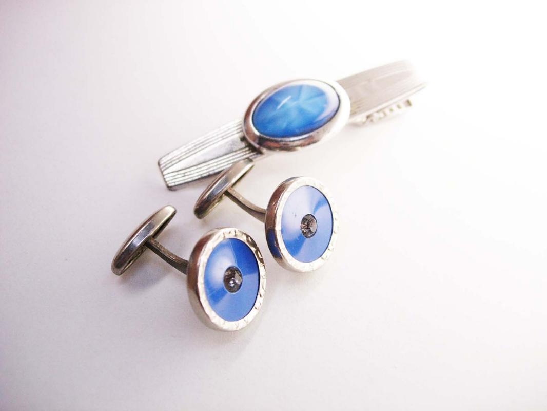Anson Vintage art deco Paste Cufflinks Bonus star Sapphire Periwinkle Blue Tie Clip Wedding Business Tie bar