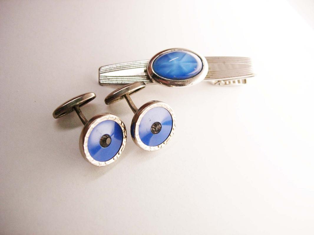 Anson Vintage art deco Paste Cufflinks Bonus star Sapphire Periwinkle Blue Tie Clip Wedding Business Tie bar