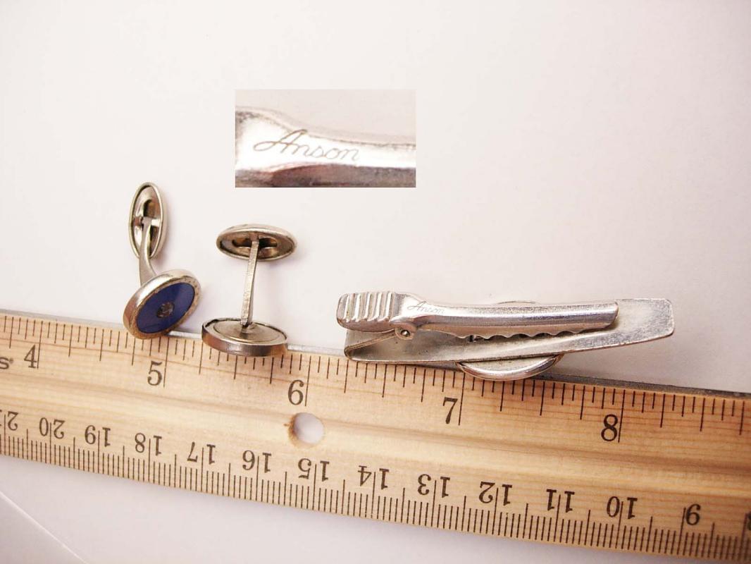 Anson Vintage art deco Paste Cufflinks Bonus star Sapphire Periwinkle Blue Tie Clip Wedding Business Tie bar
