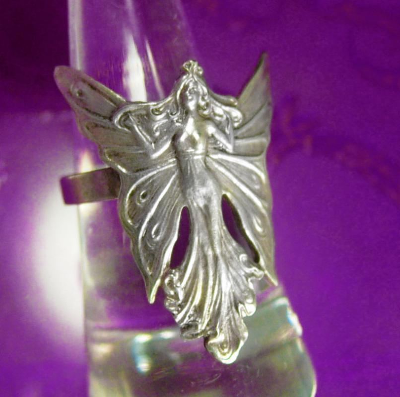 Art Nouveau Fairy Ring sterling Vintage Nymph Goddess mystical winged creature size 6 1/2 to 7 adjustable silver