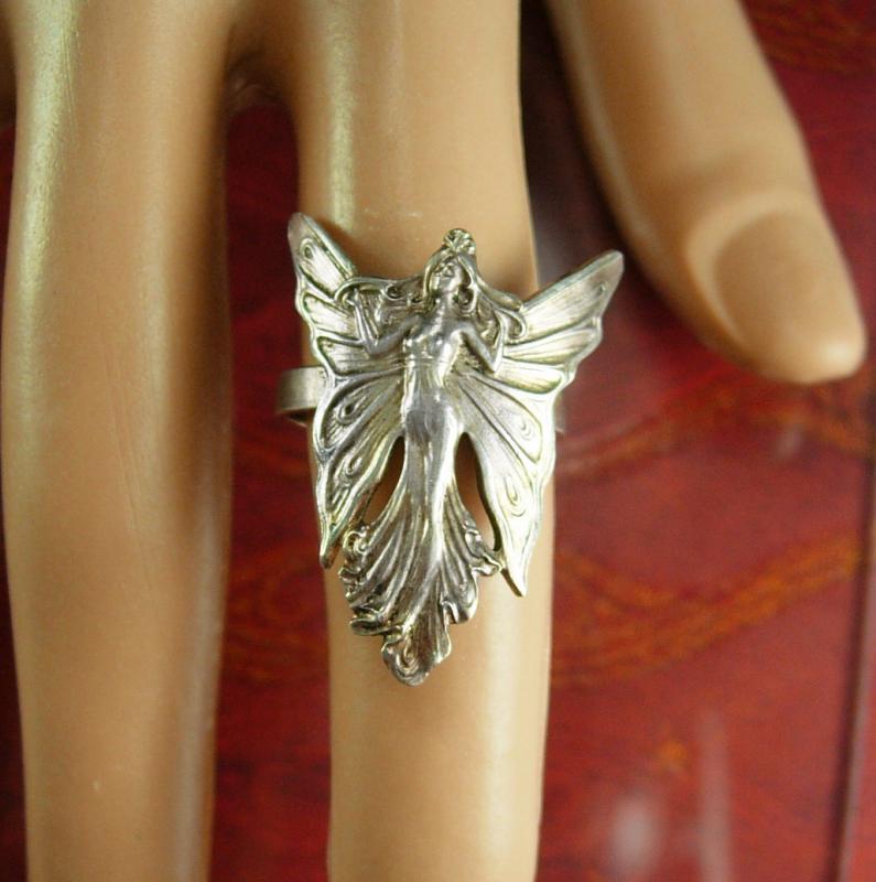 Art Nouveau Fairy Ring sterling Vintage Nymph Goddess mystical winged creature size 6 1/2 to 7 adjustable silver