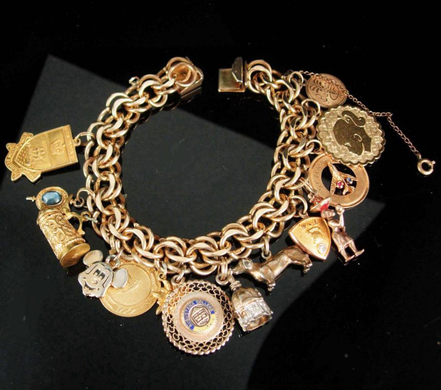 Gold filled Charm Bracelet Vintage 10kt charm bracelet 14kt charm 8kt gold beer stein charm bahamas general motors Augustana college