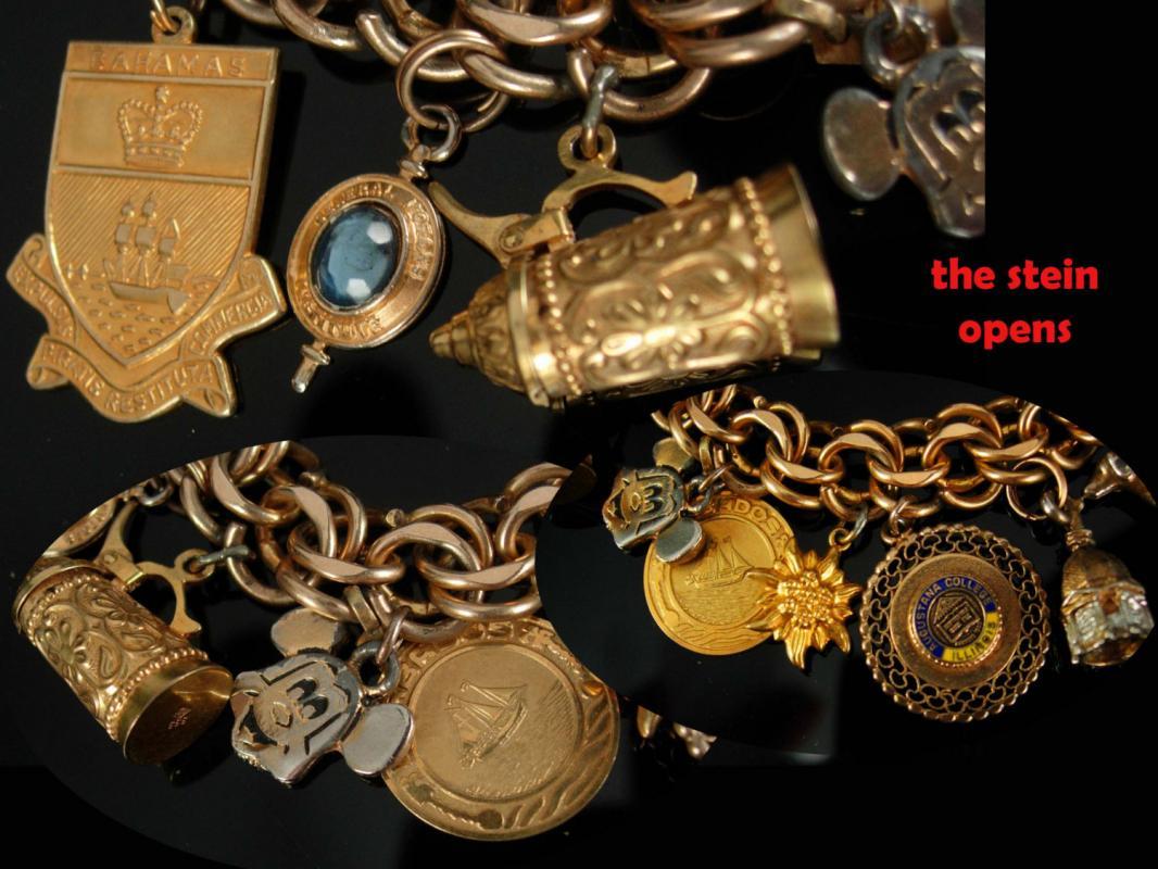 Gold filled Charm Bracelet Vintage 10kt charm bracelet 14kt charm 8kt gold beer stein charm bahamas general motors Augustana college