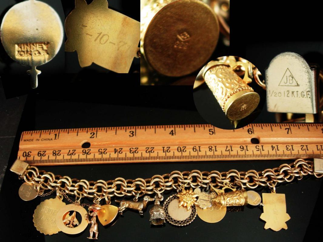 Gold filled Charm Bracelet Vintage 10kt charm bracelet 14kt charm 8kt gold beer stein charm bahamas general motors Augustana college
