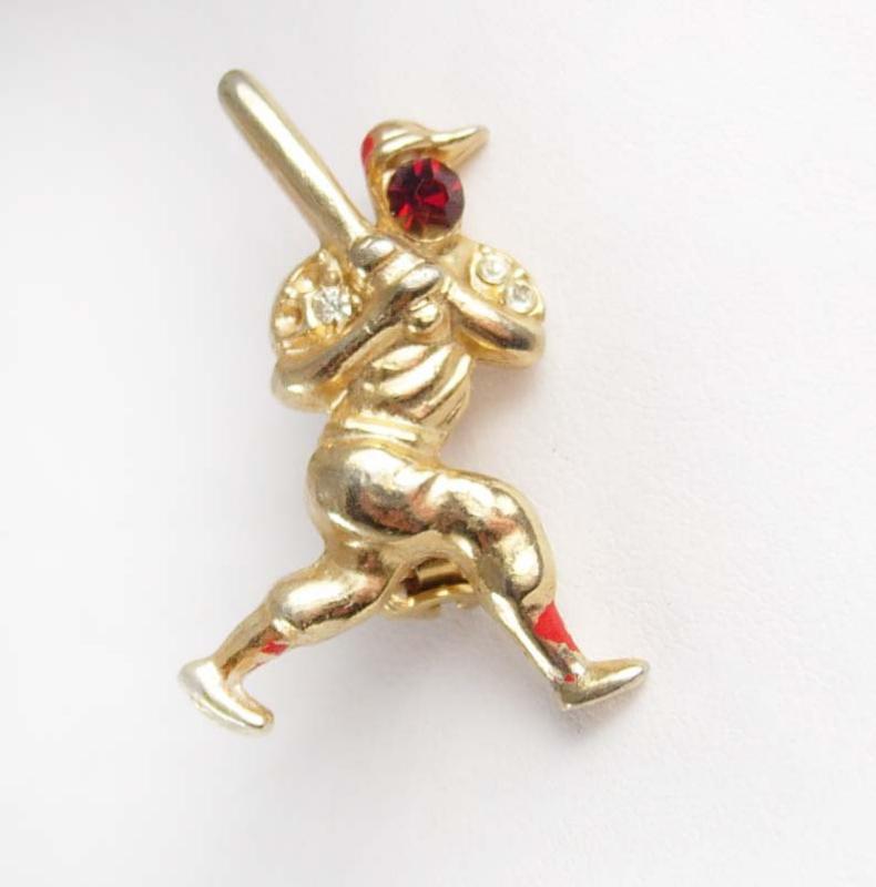 Vintage Jeweled Baseball Player Brooch Rhinestone Figural Novelty Ballpark Man Cave Sports pin retro gold jewelry