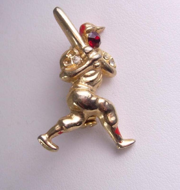 Vintage Jeweled Baseball Player Brooch Rhinestone Figural Novelty Ballpark Man Cave Sports pin retro gold jewelry