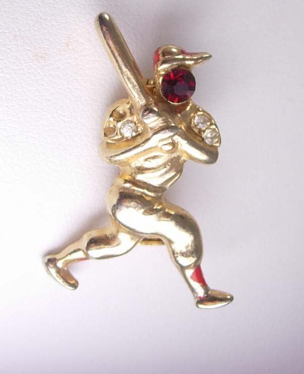 Vintage Jeweled Baseball Player Brooch Rhinestone Figural Novelty Ballpark Man Cave Sports pin retro gold jewelry