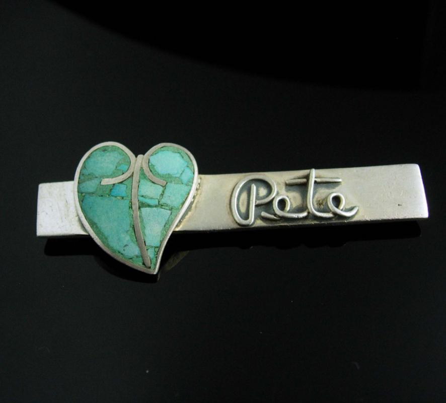 Vintage PETE Turquoise Brooch sterling silver Heart design sweetheart sentimental personalized name pin UNUSUAL stone estate jewelry