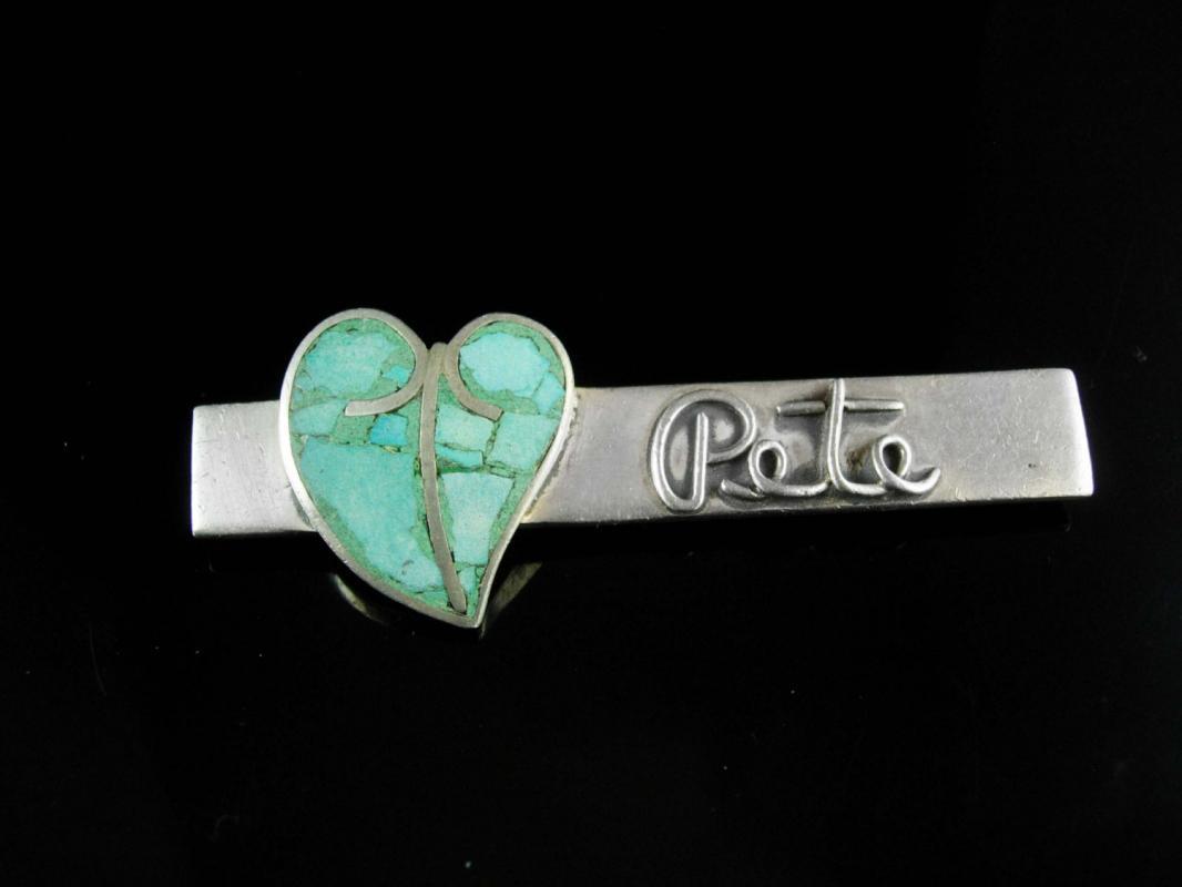 Vintage PETE Turquoise Brooch sterling silver Heart design sweetheart sentimental personalized name pin UNUSUAL stone estate jewelry