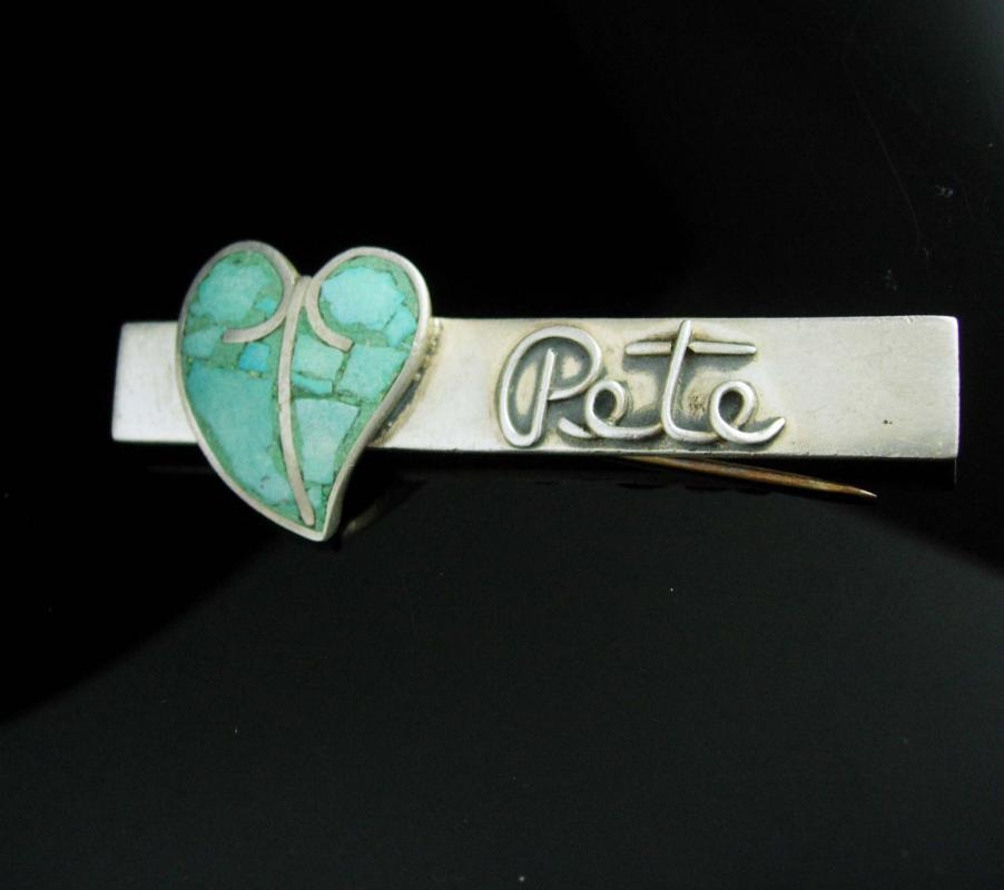 Vintage PETE Turquoise Brooch sterling silver Heart design sweetheart sentimental personalized name pin UNUSUAL stone estate jewelry