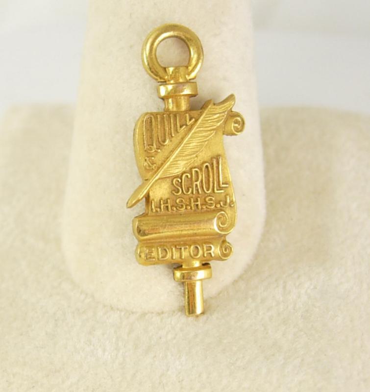 Vintage Gold Filled Quill Scroll Pendant key Charm Editor High School Honor Society Birthday Education