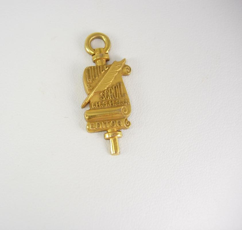 Vintage Gold Filled Quill Scroll Pendant key Charm Editor High School Honor Society Birthday Education