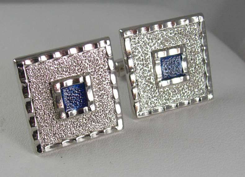 Large Blue enamel Cufflinks Vintage Square modernist artistic wedding jewelry groom groomsman gift Silvertone edge Clothing Accessory