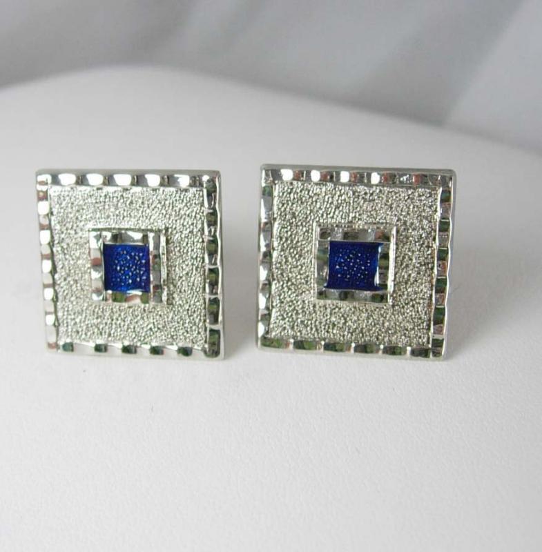 Large Blue enamel Cufflinks Vintage Square modernist artistic wedding jewelry groom groomsman gift Silvertone edge Clothing Accessory