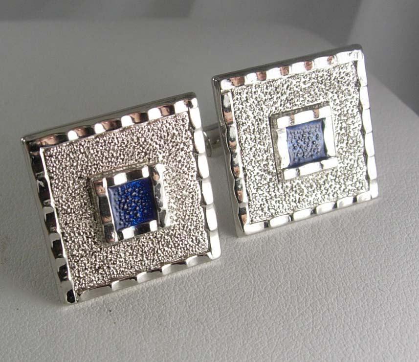 Large Blue enamel Cufflinks Vintage Square modernist artistic wedding jewelry groom groomsman gift Silvertone edge Clothing Accessory