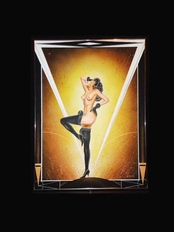 Art Deco NUDE Painting / HUGE framed art / Black boots / pinup girl / female art / burlesque painting / SIGNED John Davis Canvas mature
