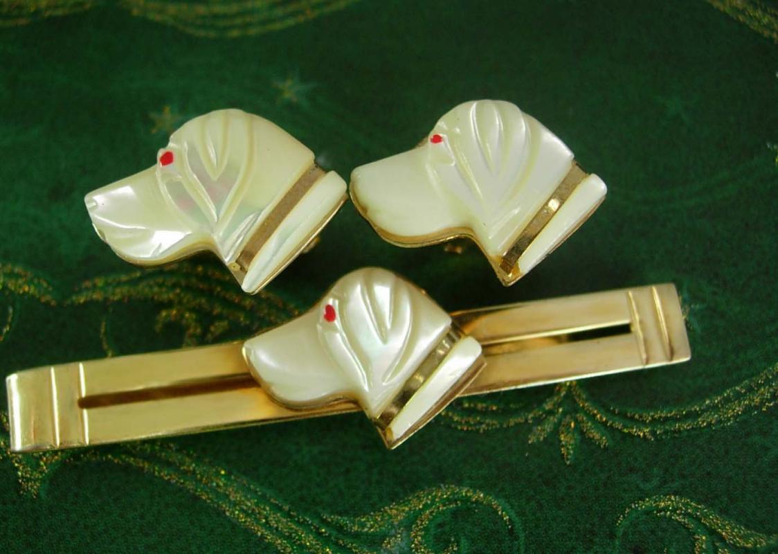 Awesome golden retriever dog cufflinks Vintage Irish setter Anson dog show animal canine figural mans best friend carved mother of pearl mop