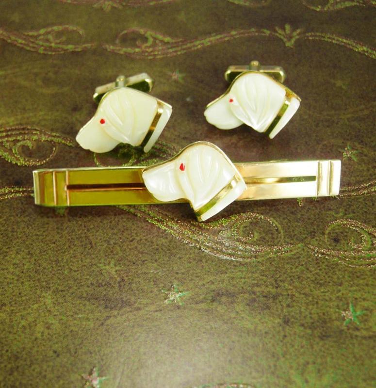 Awesome golden retriever dog cufflinks Vintage Irish setter Anson dog show animal canine figural mans best friend carved mother of pearl mop