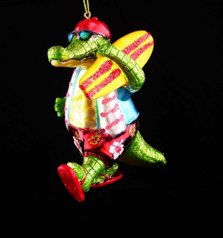 Hilarious surfer ornament / glass ornament / green alligator / 5