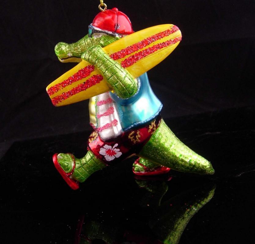 Hilarious surfer ornament / glass ornament / green alligator / 5