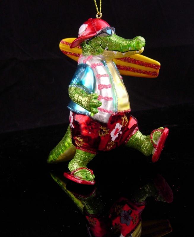 Hilarious surfer ornament / glass ornament / green alligator / 5