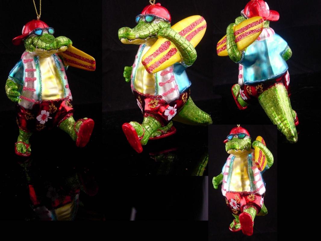 Hilarious surfer ornament / glass ornament / green alligator / 5