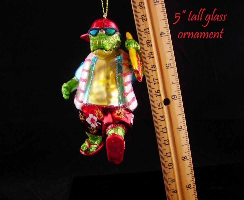 Hilarious surfer ornament / glass ornament / green alligator / 5