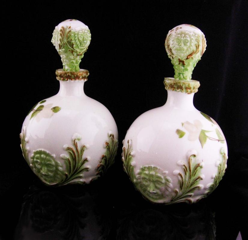 1800's lion Bottle set / Victorian Vanity / Antique Milk Glass / Toilet Water Bottle / Gothic decanter set / handpainted bottle