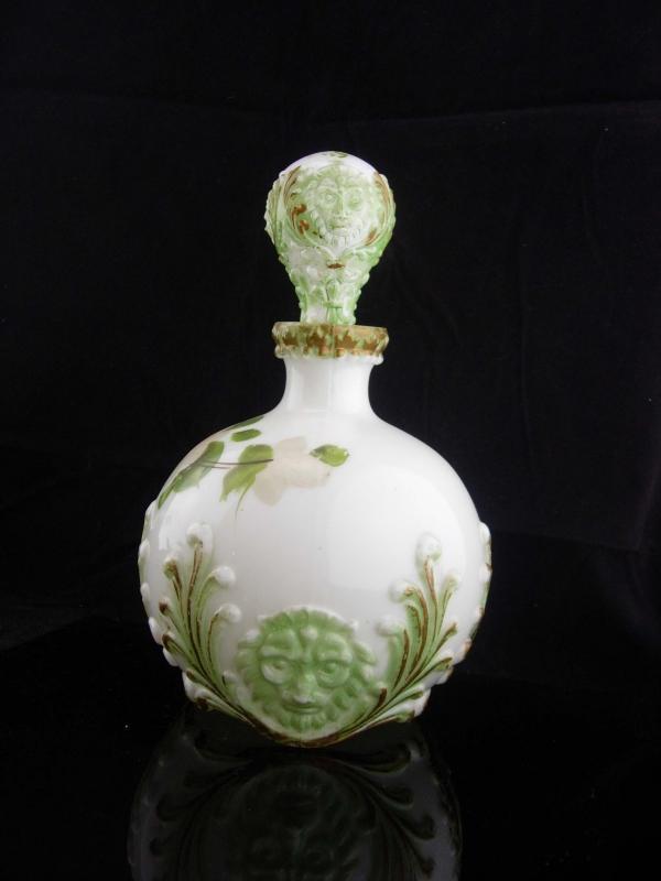 1800's lion Bottle set / Victorian Vanity / Antique Milk Glass / Toilet Water Bottle / Gothic decanter set / handpainted bottle