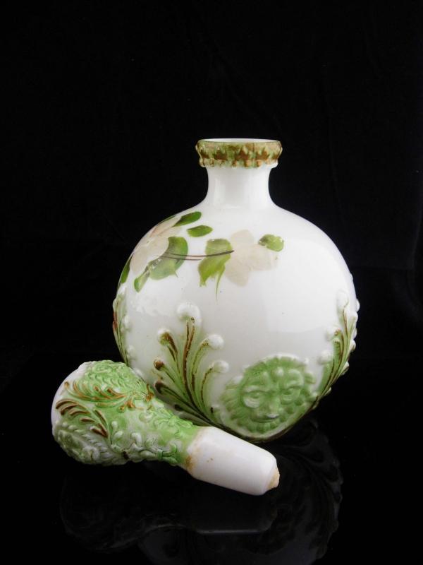 1800's lion Bottle set / Victorian Vanity / Antique Milk Glass / Toilet Water Bottle / Gothic decanter set / handpainted bottle