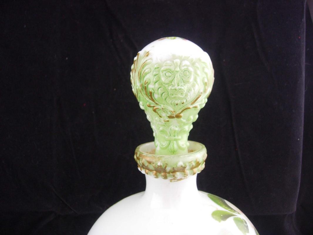 1800's lion Bottle set / Victorian Vanity / Antique Milk Glass / Toilet Water Bottle / Gothic decanter set / handpainted bottle