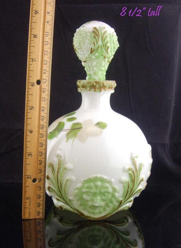 1800's lion Bottle set / Victorian Vanity / Antique Milk Glass / Toilet Water Bottle / Gothic decanter set / handpainted bottle