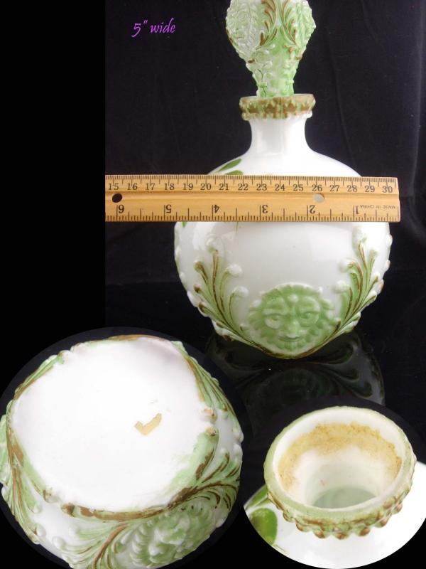 1800's lion Bottle set / Victorian Vanity / Antique Milk Glass / Toilet Water Bottle / Gothic decanter set / handpainted bottle