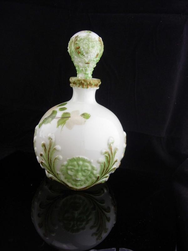 1800's lion Bottle set / Victorian Vanity / Antique Milk Glass / Toilet Water Bottle / Gothic decanter set / handpainted bottle