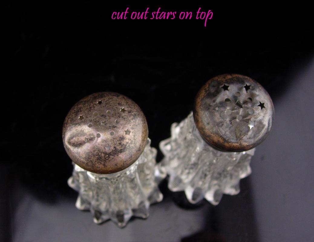 1800's salt pepper / Moon stars holes / Antique salt pepper / sterling tops / Cut Crystal /american brilliant Victorian Salt Pepper Shaker