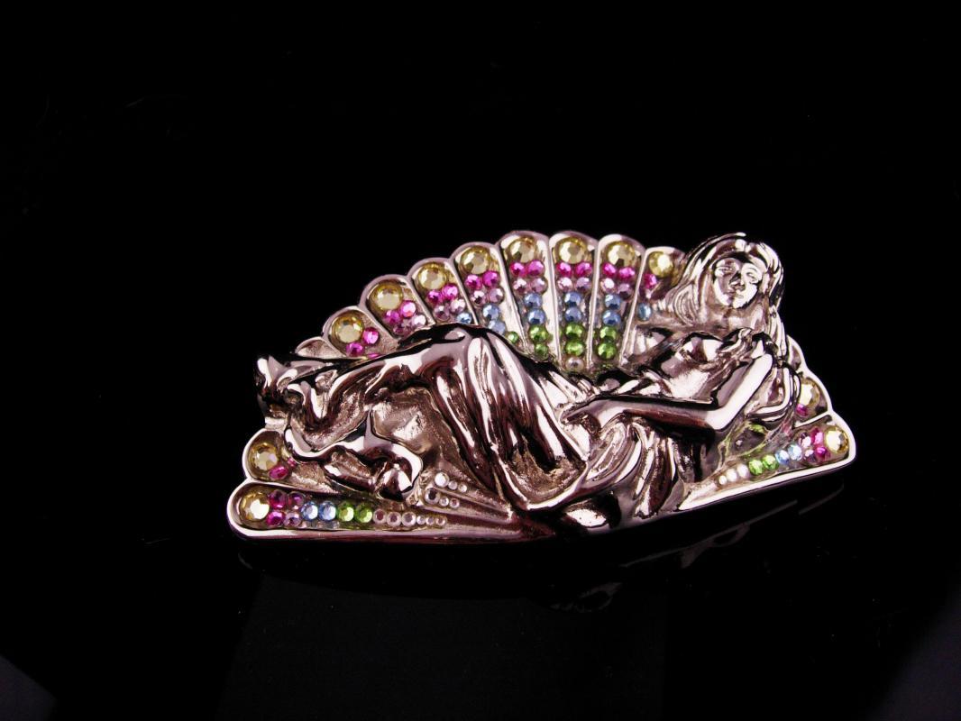 Vintage Nude Buckle / erotic signed Cesar Ugarte / Silver rhinestone womens buckle / gay interest mens buckle / mythical goddess / statement