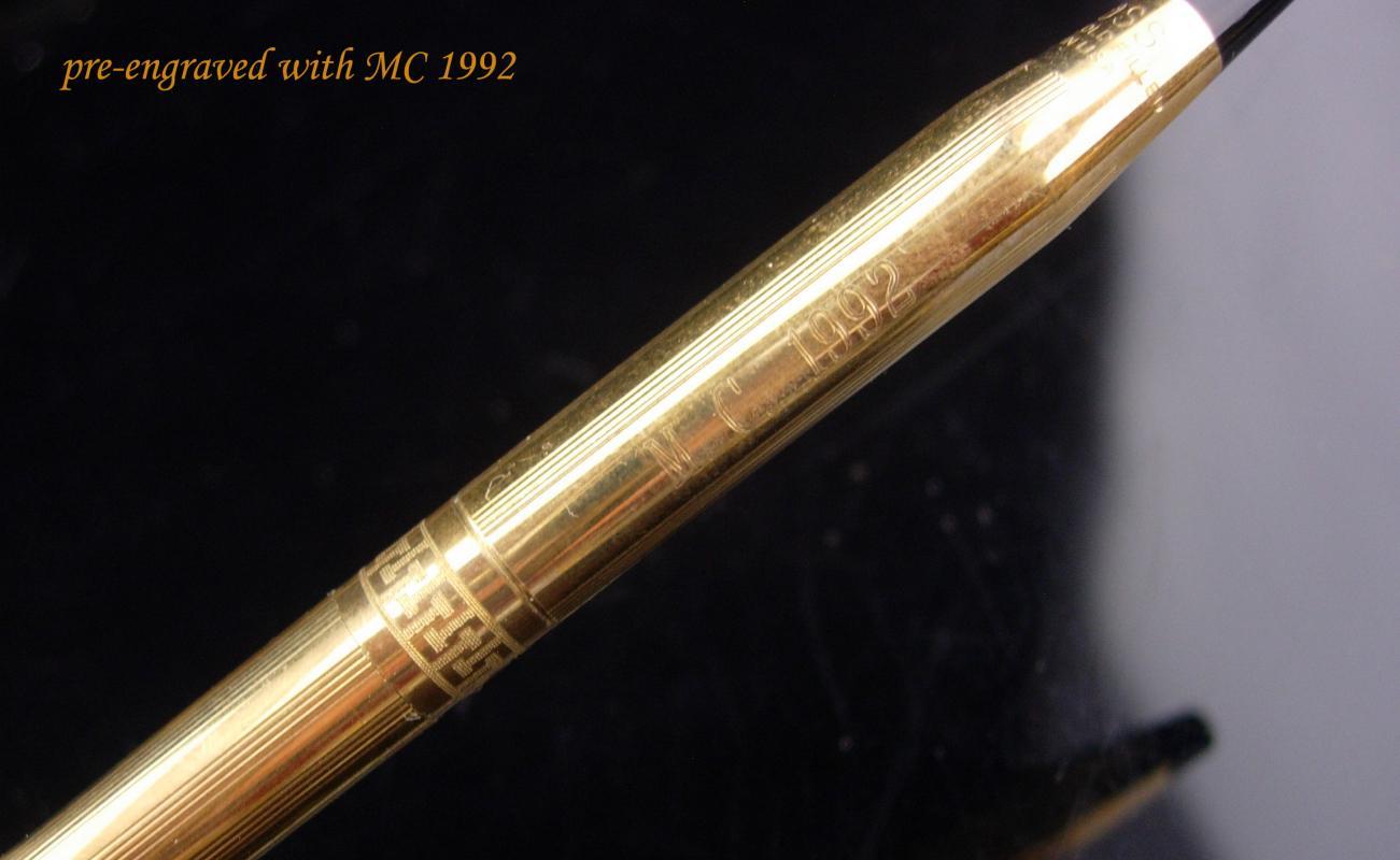 1992 Vintage Cross Pen / 1/20th 10kt Gold filled / Greek key design/ Blue ink / made in usa / engraved MC / letter MC / initial MC