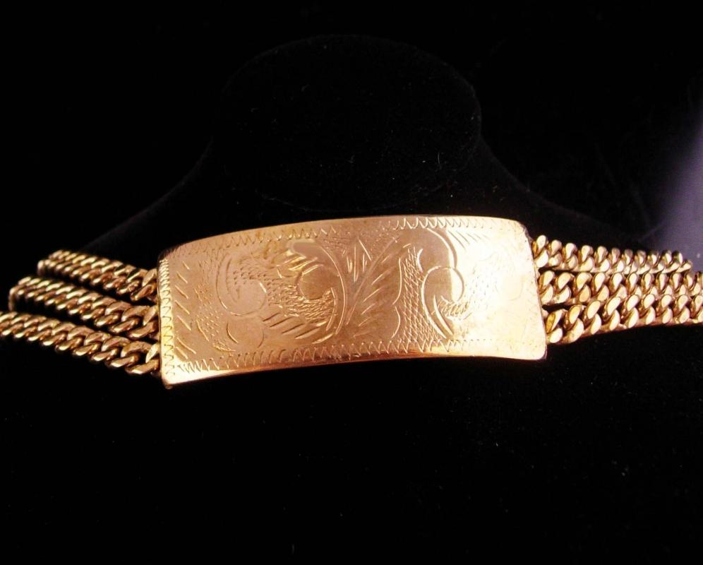 Vintage gold bracelet / women or mens / victorian etchings / extra security clasp / high quality and well made