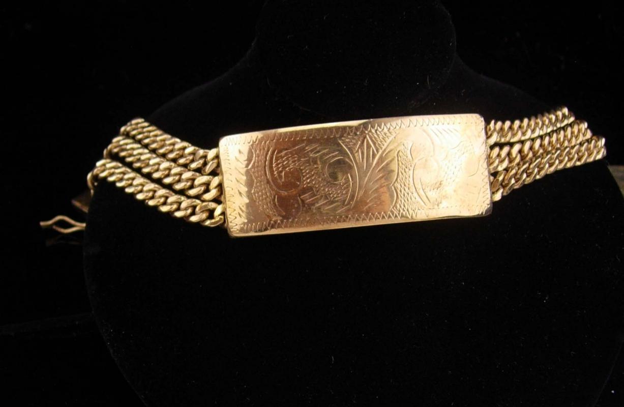 Vintage gold bracelet / women or mens / victorian etchings / extra security clasp / high quality and well made