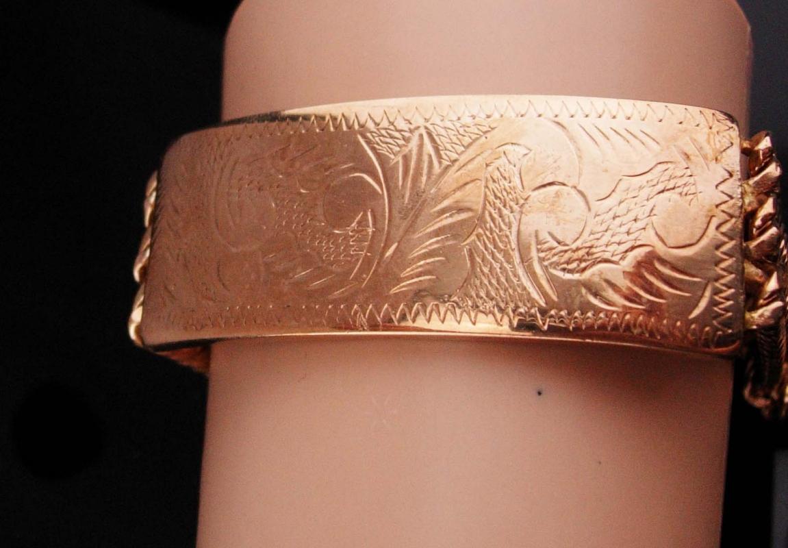 Vintage gold bracelet / women or mens / victorian etchings / extra security clasp / high quality and well made