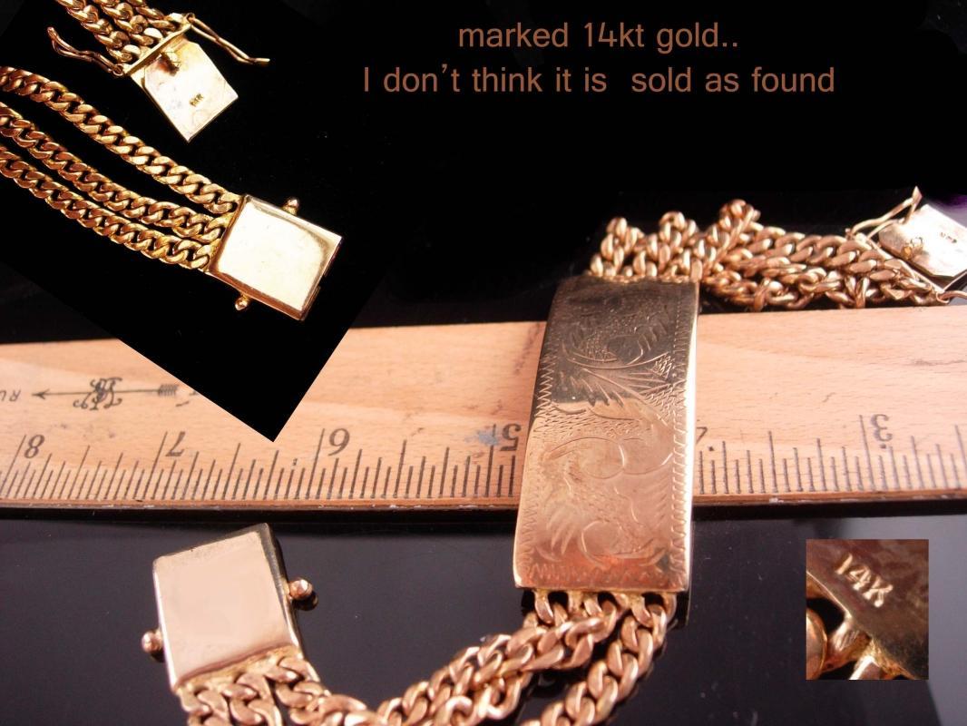 Vintage gold bracelet / women or mens / victorian etchings / extra security clasp / high quality and well made