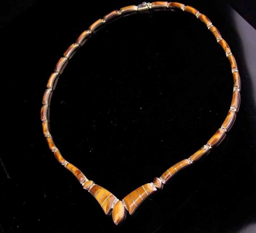 Vintage TigerEye necklace / sterling mexico / 950 silver / tiger eye choker / cats eye / anniversary gift / good luck gift /mexican jewelry