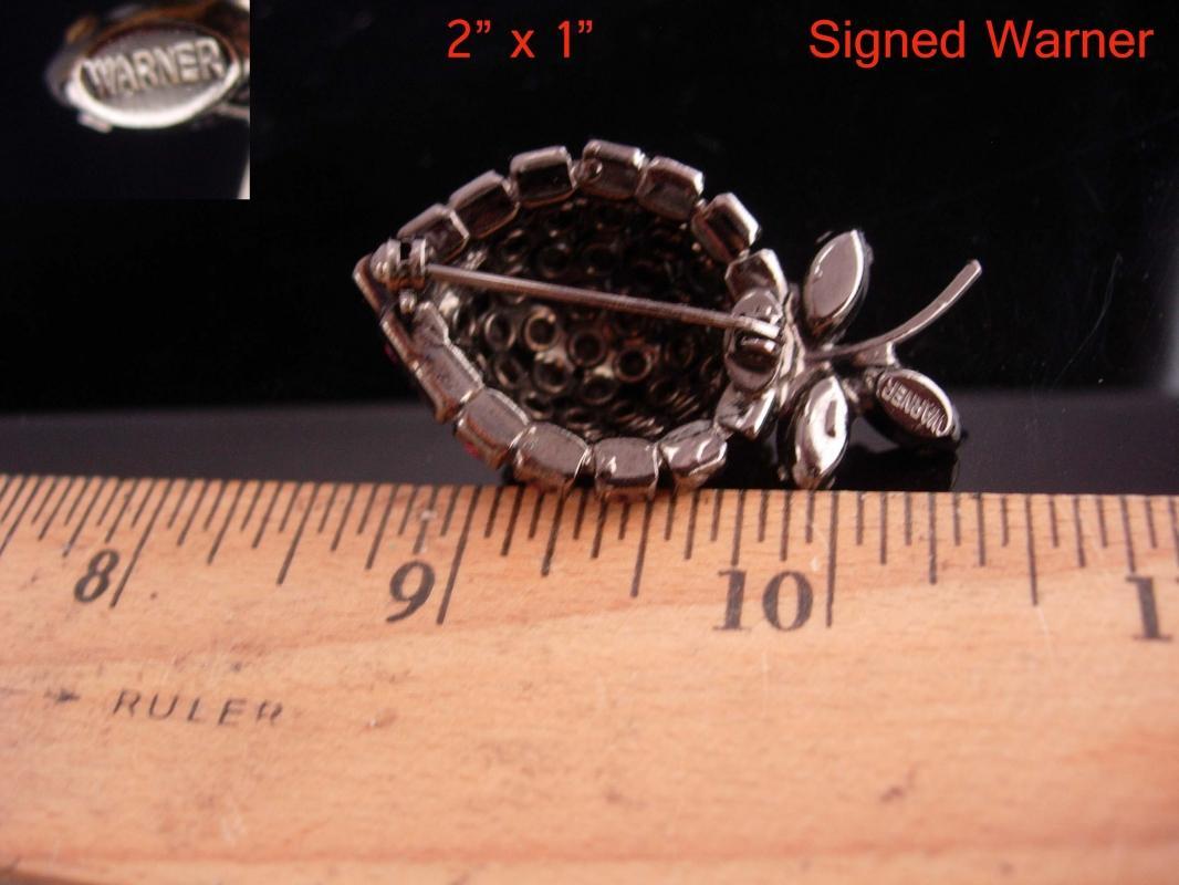 Vintage Strawberry lapel pin / Signed warner brooch / mens lapel pin / rhinestone jewelry / red anniversary gift for her / costume jewelry